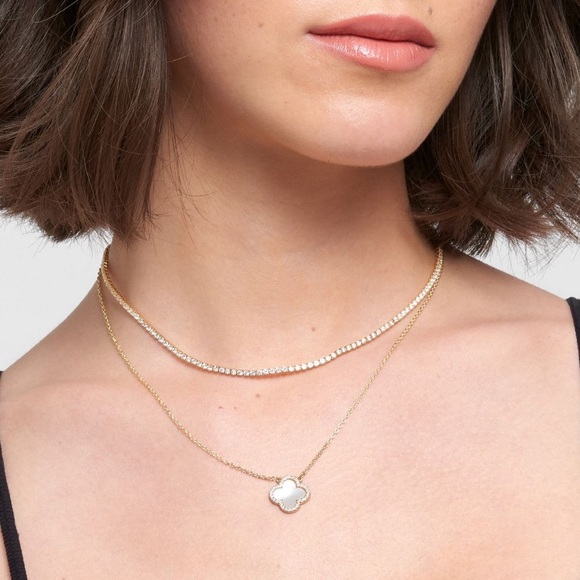 14k Gold Plated Crystal Halo White Mother of Pearl Clover Necklace - Picture 1 of 6
